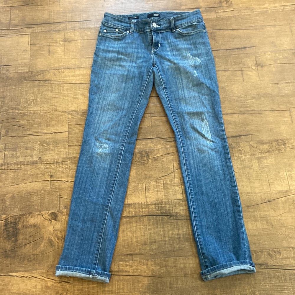 Light wash stretchy, straight leg jeans.